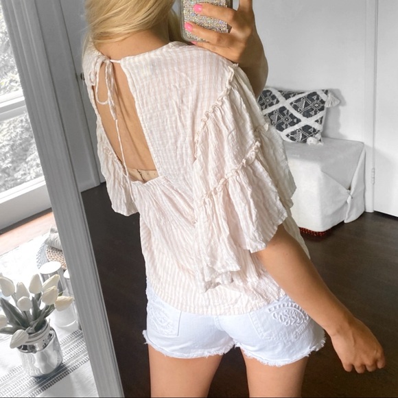 🐚 PILCRO ANTHROPOLOGY BOHO BEIGE WHITE STRIPE BELL SLEEVE LOOSE TOP! - Picture 4 of 9